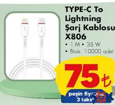 NEOWİSE TYPE-C TO LİGHTNİNG ŞARJ KABLOSU X806 fiyat ve kampanya bilgisi
